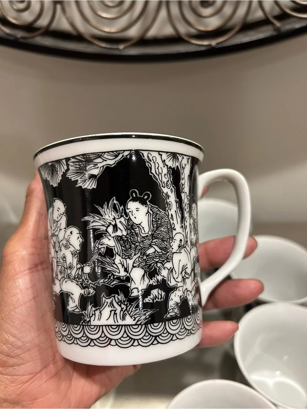 Set of 8 Porcelain Teacups with Black and White Scenic Design